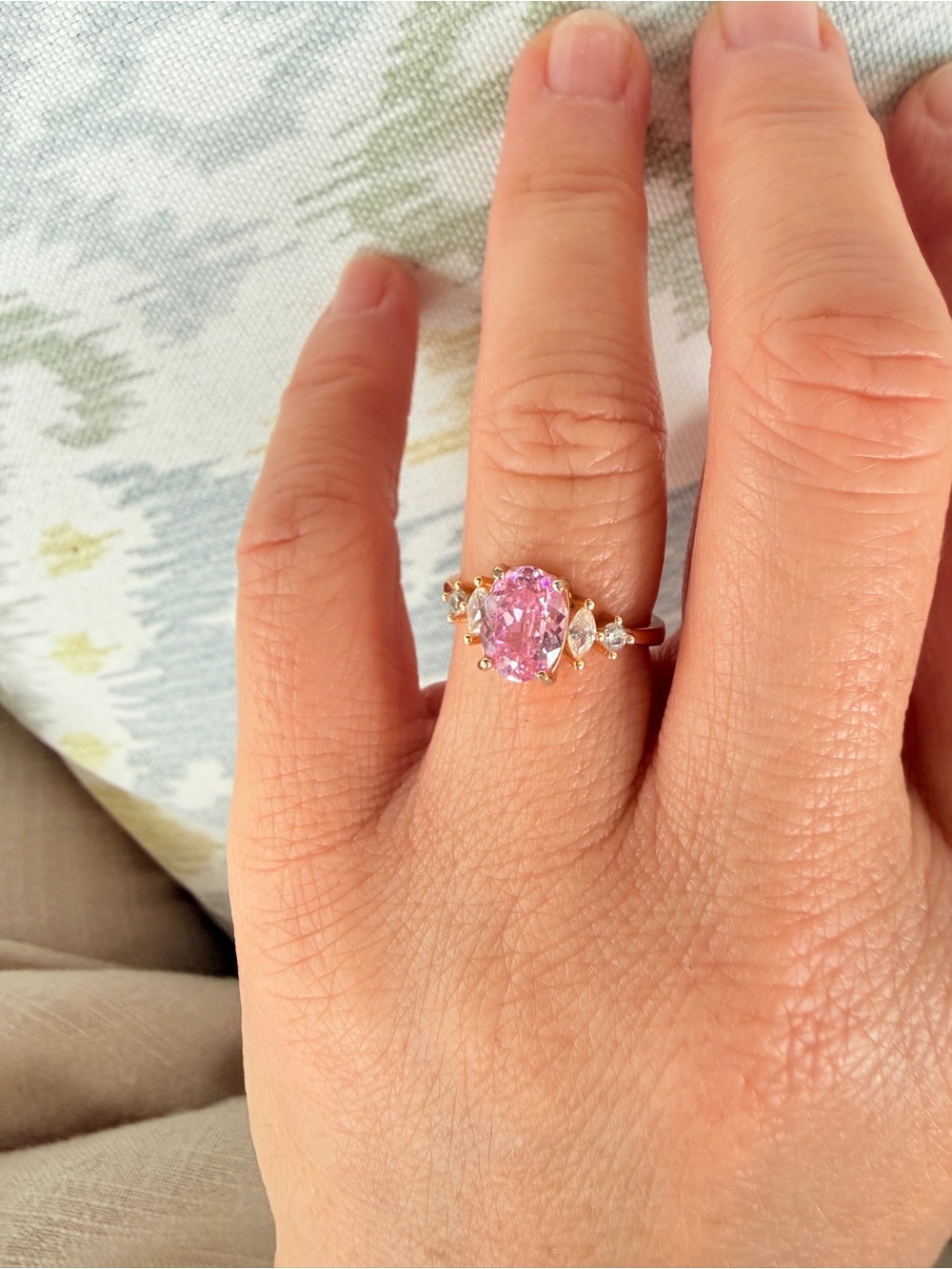 Pink Oval Solitaire Ring with Side Stones